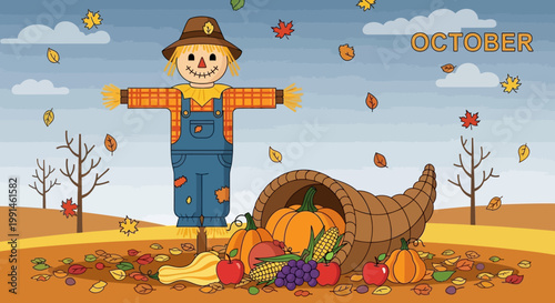 Happy Scarecrow Autumn Harvest Cornucopia with Pumpkins and Leaves