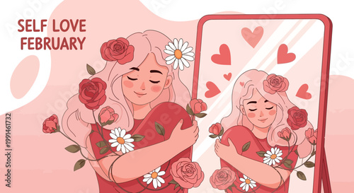 Self Love February: Woman Hugging Herself with Roses and Daisies