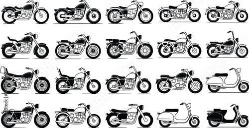 Motorcycle and scooter silhouettes, classic cruiser designs, vintage chopper artwork, retro scooter illustration, two wheeled vehicles, black and white vector art