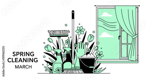 Spring Cleaning Concept: Window, Flowers, Broom, Gloves, and Cleaning Supplies