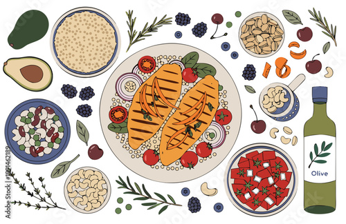 Top View Illustration of Balanced Diet Food and Fresh Ingredients