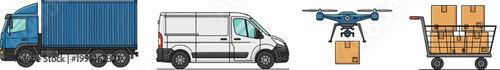 Delivery and logistics illustration set with cargo truck, van, drone, and shopping cart, perfect for shipping, transport, e-commerce, and package distribution projects