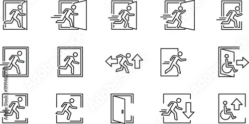 Emergency exit and accessibility icon set with running figures, directional arrows, wheelchair symbols, and open doors, perfect for safety signage, evacuation, and public space projects