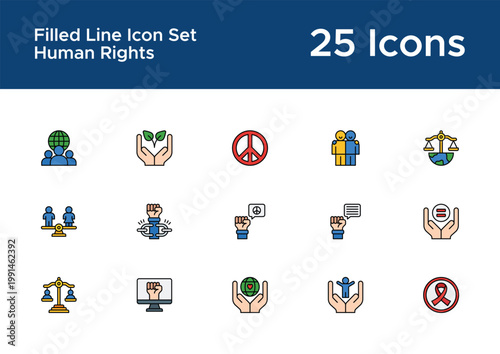 Human rights filled line icon set for social UI. Equality and justice bold line icons