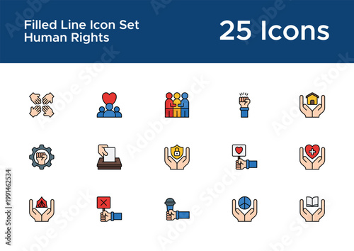 Human rights filled outline icons for NGO apps. Freedom and advocacy symbols