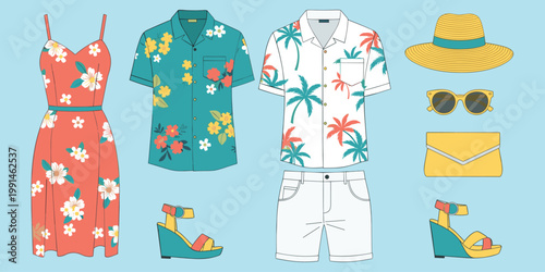 Tropical vacation clothing illustration set with floral dress, button-up shirts, shorts, straw hat, sunglasses, clutch purse, and wedge sandals, perfect for fashion and travel projects