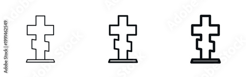 Orthodox cross icon in thin, regular, bold outline styles. Christian symbol of faith, remembrance, and eternal peace. Suitable for cemetery, memorial, religious, or funeral-themed designs. Vector