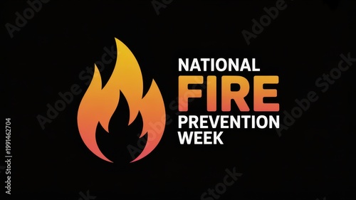 National Fire Prevention Week Logo and Flame Icon on Black Background