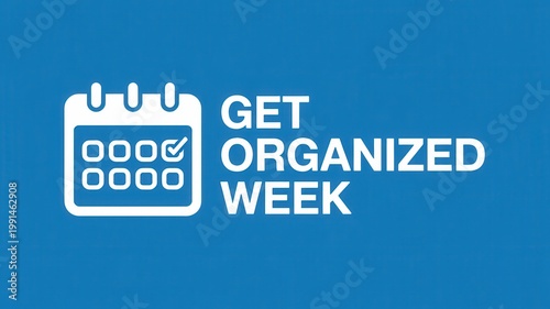 Get Organized Week horizontal banner with white calendar icon and text on blue background