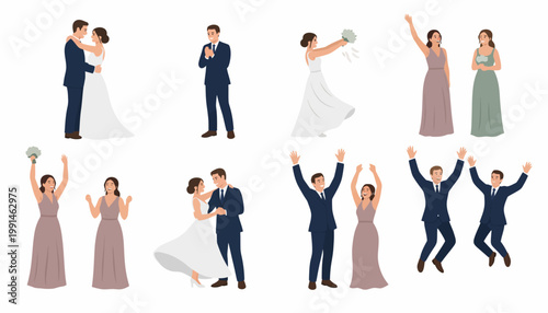 Set of Isolated Wedding Character Illustrations Featuring Bride Groom Bridesmaids and Groomsmen in Various Poses Like Dancing Cheering and Bouquet Throwing Design