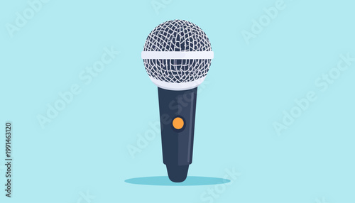 Microphone illustration on a light blue background, symbolizing audio, music, and broadcasting