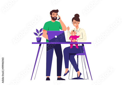 Family Working from Home Flat Vector Illustration, Parents Multitasking with Baby in Home Office, Remote Work and Parenting Concept