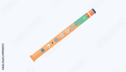 A cartoon illustration of a colorful wooden recorder with orange, blue, and green circles on a light blue background, perfect for music education or graphic design projects