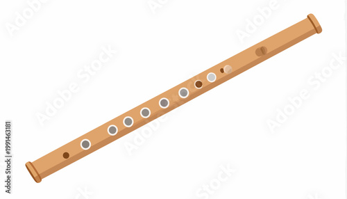 A wooden flute, a musical instrument with finger holes, on a white background