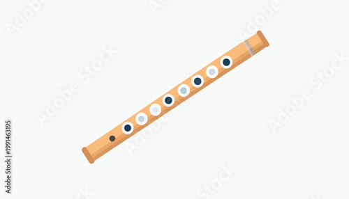 Wooden flute with holes, a musical instrument, isolated on a white background