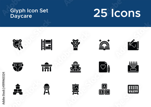 Daycare glyph icon set for childcare apps. Solid preschool and kids care symbols