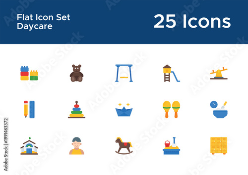 Daycare flat icon set for childcare apps. Preschool and kids care flat design icons