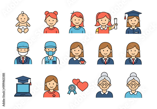 Female Life Cycle and Career Icons: From Baby to Senior Stages with Education and Work Milestones - Flat Vector Illustration Set