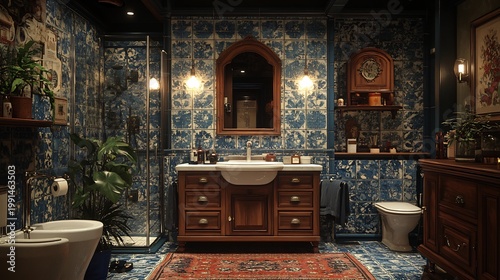Washroom with vintage charm featuring intricate tile work a wooden cabinet antique mirror and soft lighting exuding a timeless elegance reminiscent of a bygone era