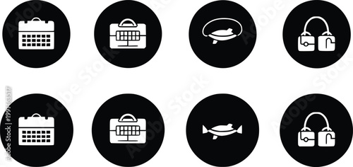 Set of eight white in black circles featuring calendars, pet carriers, fish, and handbags