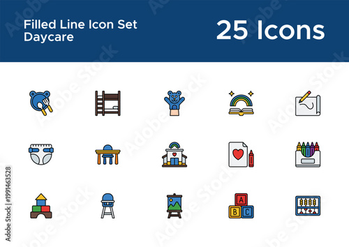 Childcare filled outline icons for nursery apps. Babysitting and kids activity symbols
