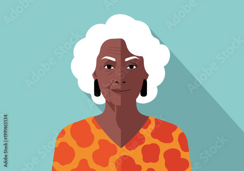 Flat Vector Illustration of a Senior Black Woman with White Hair and Patterned Shirt on a Blue Background