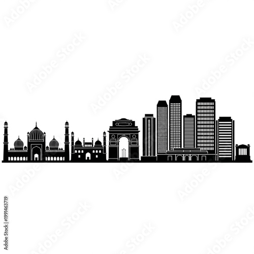 A black and white vector graphic illustration of the New Delhi city skyline, featuring iconic landmarks and modern skyscrapers in a flat, minimalist design