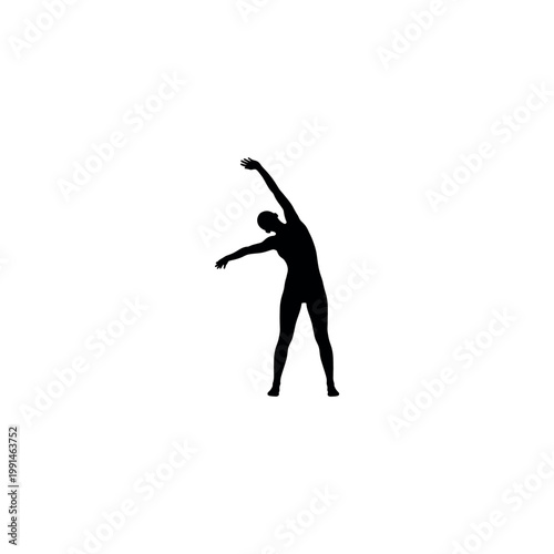 Full body silhouette of a female athlete stretching her side, warming up for a workout or dance. Minimalist black graphic of a person practicing yoga or Pilates on a white background.