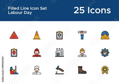 Labour Day filled line icons for awareness platform UI. Workers rights symbols