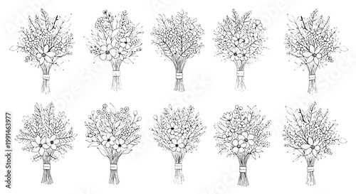 Flower bouquet hand drawn set with detailed line art stems and leaves, arranged in small nosegay bundles for greeting designs