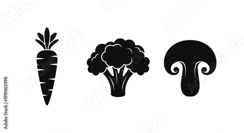 Black silhouettes of a carrot cauliflower and mushroom silhouette