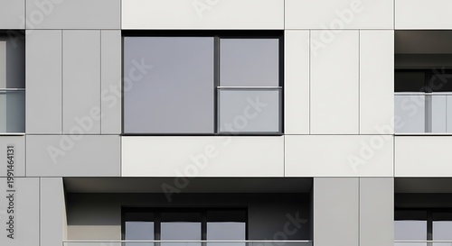 Modern building facade with geometric windows and panels contemporary architecture detail for real estate and design concepts clean urban exterior