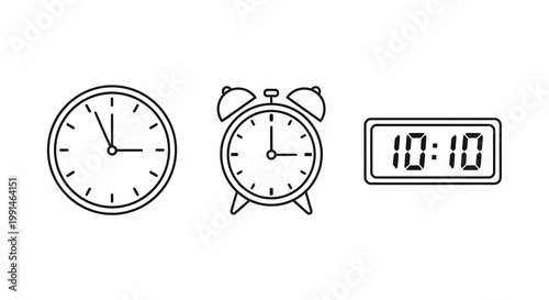 Three timekeeping devices shown in a minimalist black outline silhouette