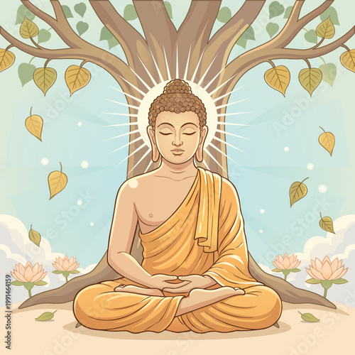 Vesak Day Buddha Purnima Greeting with Peaceful Buddha Illustration