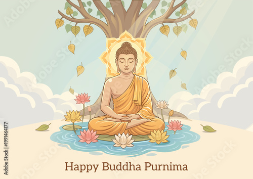 Buddha Purnima Vector Illustration with Peaceful Lord Buddha and Lotus Background