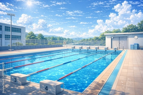 Plakat TRPGやゲームの背景として使える夏の学校のプールの風景