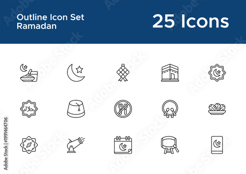 Ramadan outline icon pack for cultural apps. Islamic fasting and prayer line icons