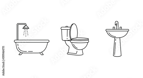 Minimalist bathroom fixtures in a simple line art silhouette
