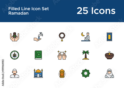 Ramadan filled line icon set for Islamic UI. Fasting and prayer bold line icons