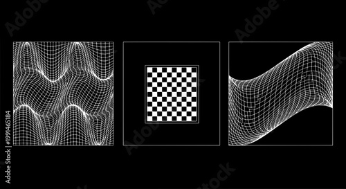 Wave mesh grid diagram with checkerboard marker and flowing 3D surface lines on dark background featuring wireframe, math model, geometry with