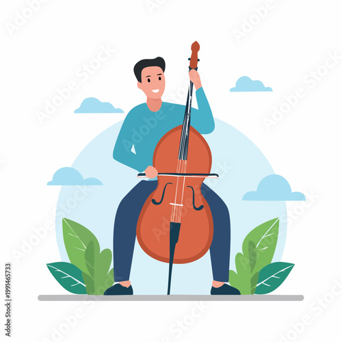 Man playing double bass outdoors with clouds and leaves