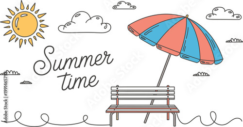Colorful summer illustration with bench and umbrella for warm vacation time