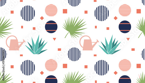 Vector illustration of repeating geometric and botanical pattern with palm leaves, agave plants, and watering cans on white background