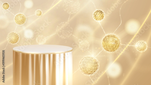 Luxury gold background with 3d podium, molecule sphere. Premium science essence presentation showcasing empty cylinder stand and curtain.
