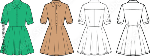 Classic shirt dress collection, short sleeve button front style, front and back views, elegant casual fashion outline set – vector illustration