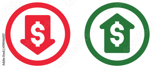 Dollar symbol with up arrow and red dollar with down arrows, financial growth and decline concept, profit and loss indicators, market trends icons, business finance symbols, investment performance