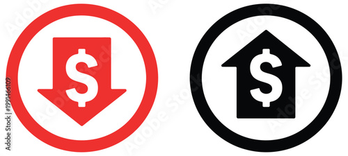 Dollar symbol with upward arrow and red dollar with downward arrows, economy rise and fall concept, financial gain and loss icons, stock market trend symbols, business and investment performance