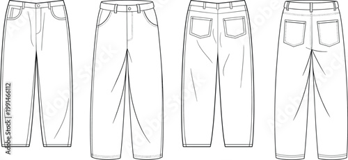 Classic straight leg jeans technical drawing set, high waist denim pants with pocket details, front and back views – vector illustration