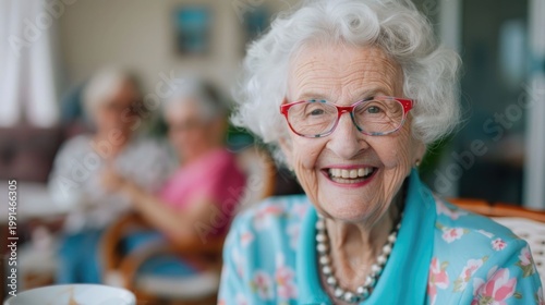 Close up portrait of a cheerful senior woman wearing glasses and a patterned blue blouse smiling brightly while seated with friends in a comfortable softly lit indoor setting