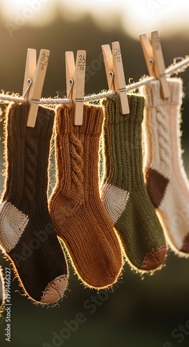 Warm woolen socks drying on a clothesline in sunlight.